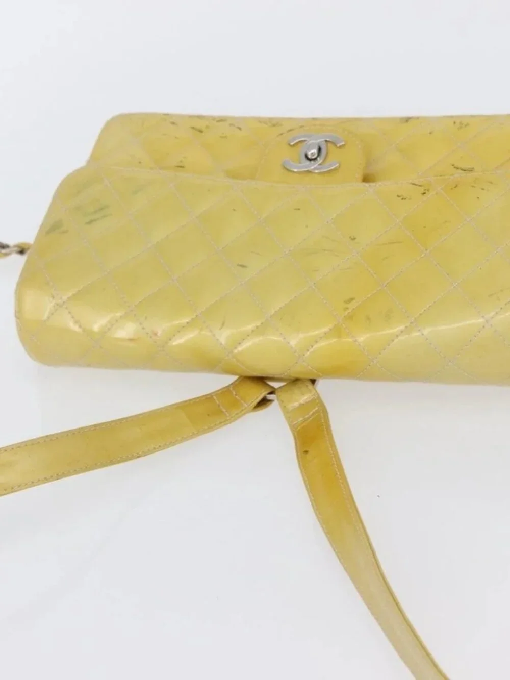 CHANEL Matelasse Backpack Patent leather Yellow Silver CC Auth 89374
